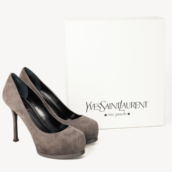 Saint Laurent Tribute Earth Grey Suede Platform Pumps - Picture 11 of 11